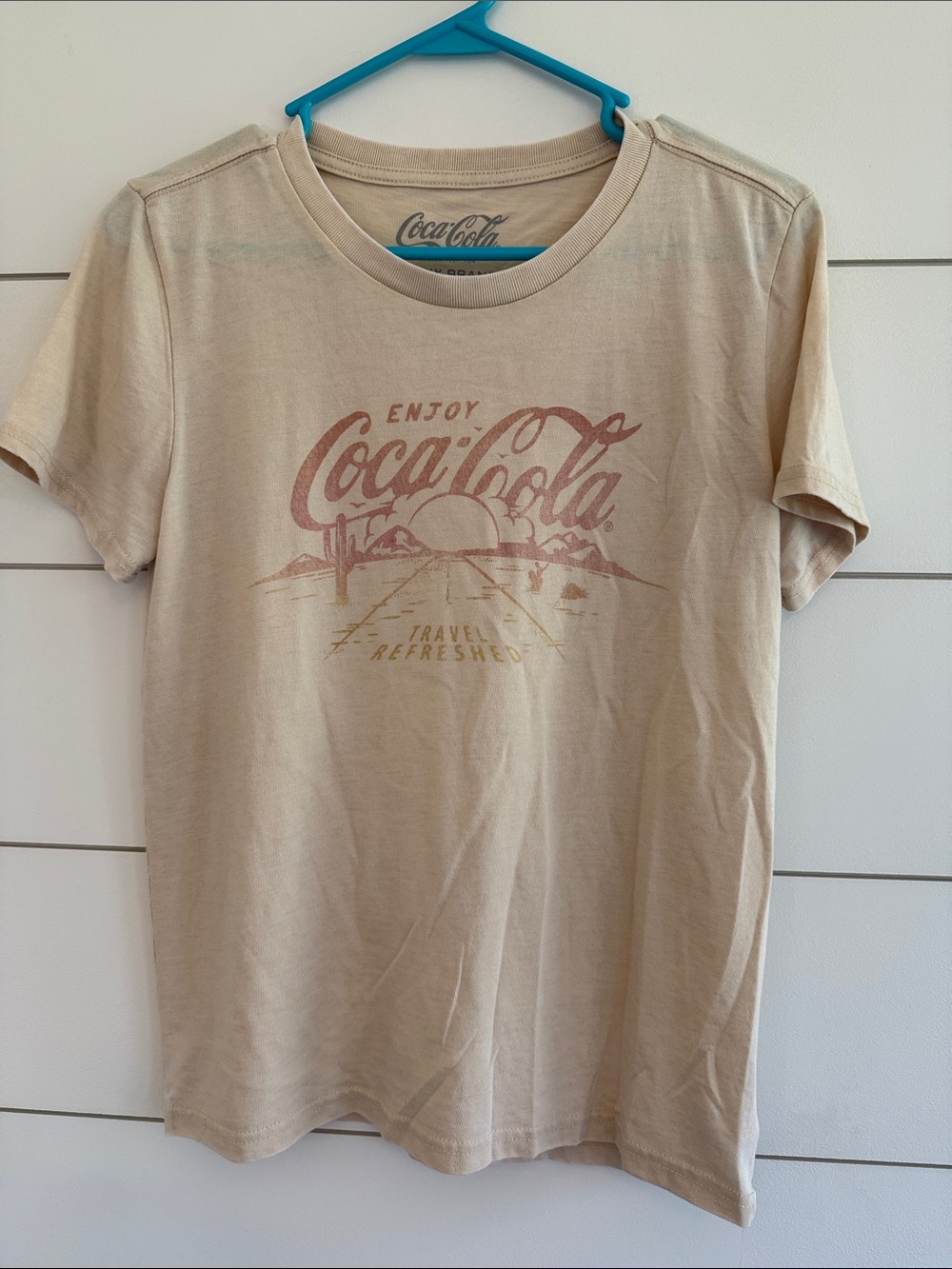 Lucky Brand Coca Cola Beige Short Sleeve Graphic Tee with Faded Red Logo